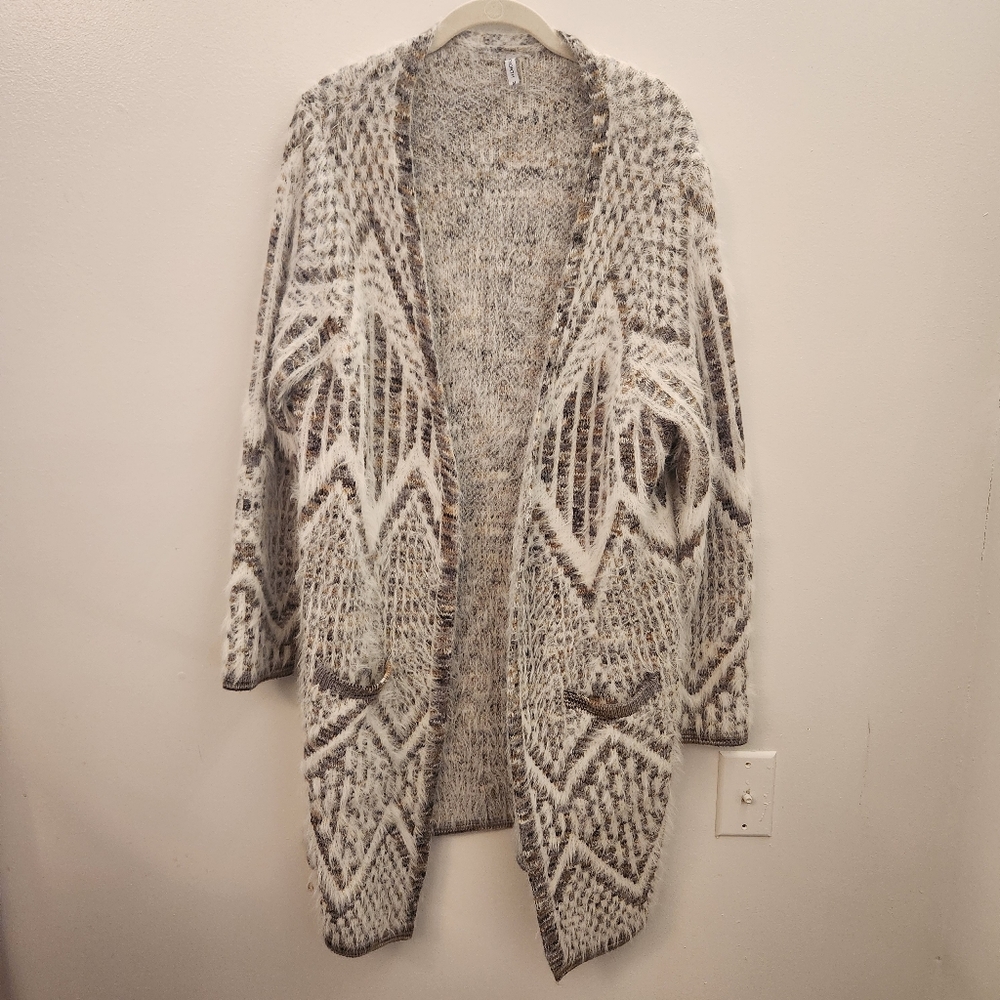 44 Degree North Women’s Long Cardigan Furry Bold Pattern Waterfall Front Size M